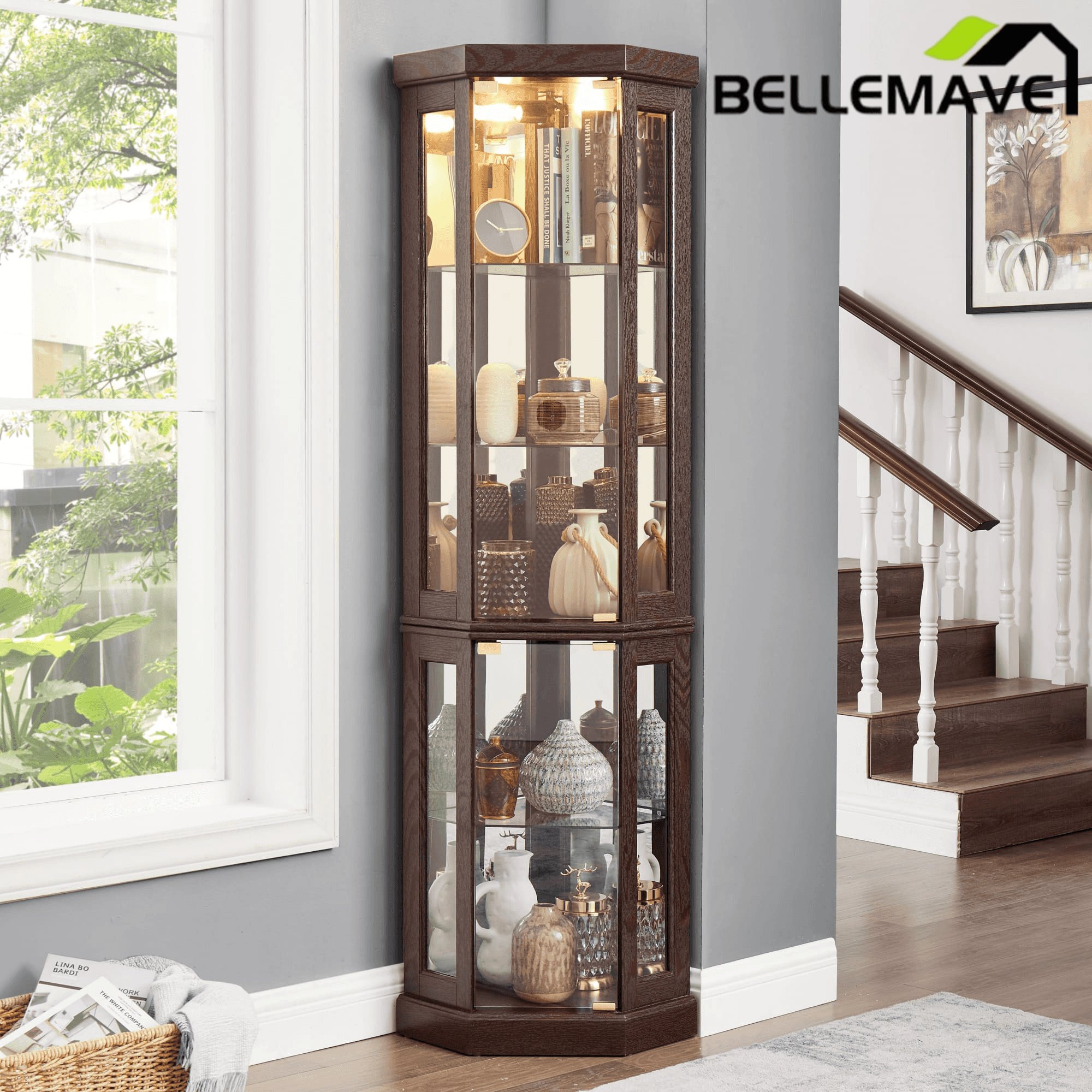 Bellemave® Corner Curio Cabinet with Tempered Glass Doors and Adjustable Shelves, Wine Bar China Cabinet for Living Room Liquor Storage - Bellemave