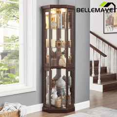 Bellemave® Corner Curio Cabinet with Tempered Glass Doors and Adjustable Shelves, Wine Bar China Cabinet for Living Room Liquor Storage - Bellemave
