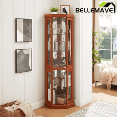 Bellemave® Corner Curio Cabinet with Tempered Glass Doors and Adjustable Shelves, Wine Bar China Cabinet for Living Room Liquor Storage - Bellemave