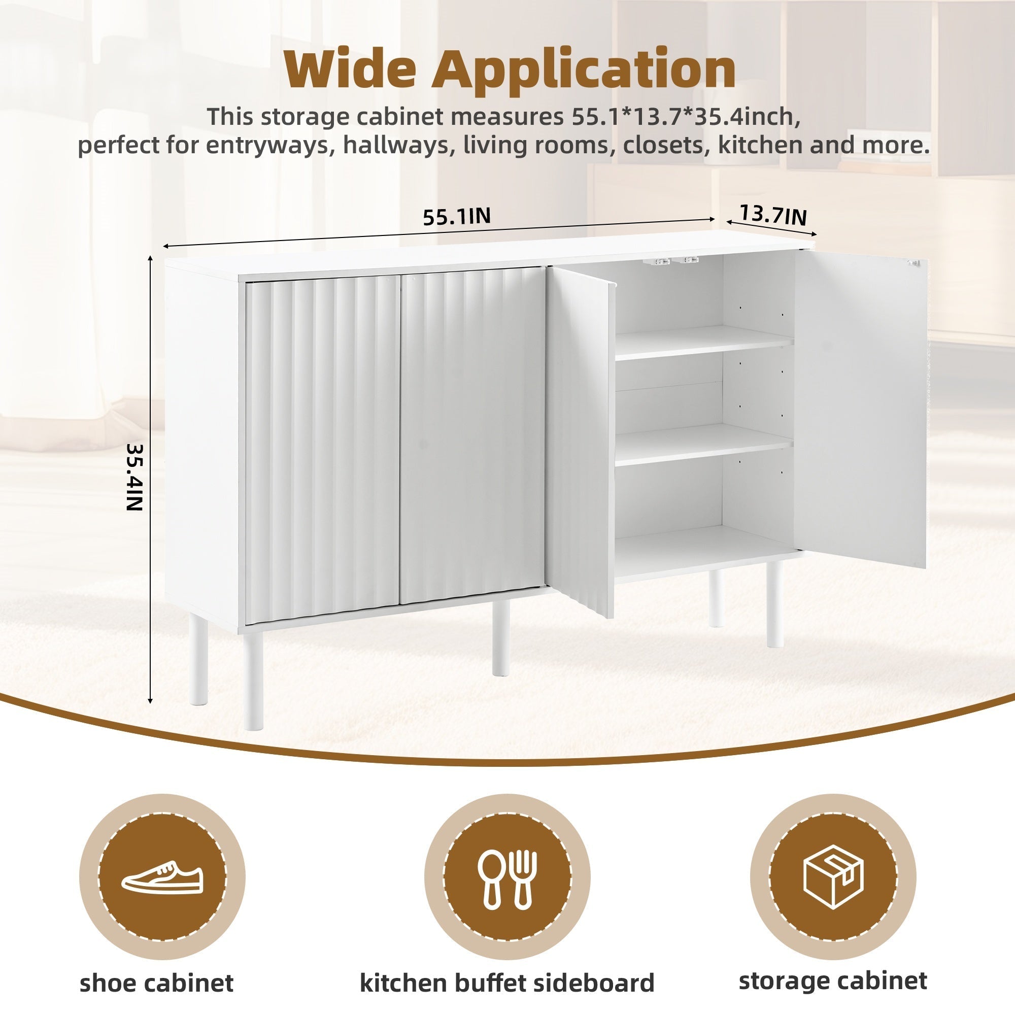 Bellemave® Cream Style Sideboard Buffet Cabinet with 5 Solid Wood Legs, 4 Door Storage Cabinet with Adjustable Shelves, Modern Shoe Cabinet for Entrance & Living Room - Bellemave