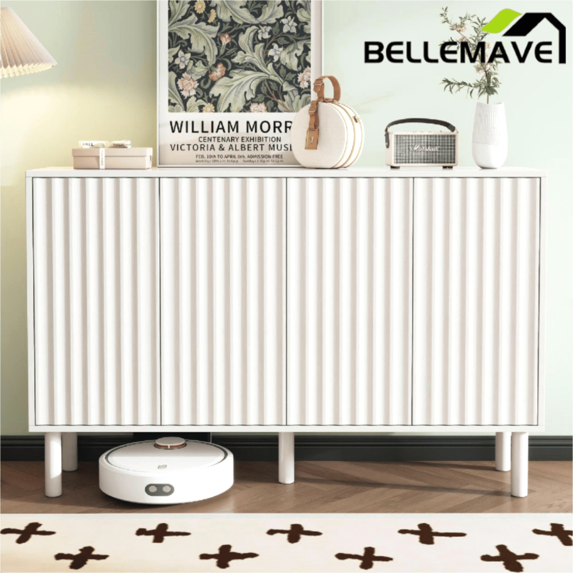Bellemave® Cream Style Sideboard Buffet Cabinet with 5 Solid Wood Legs, 4 Door Storage Cabinet with Adjustable Shelves, Modern Shoe Cabinet for Entrance & Living Room - Bellemave