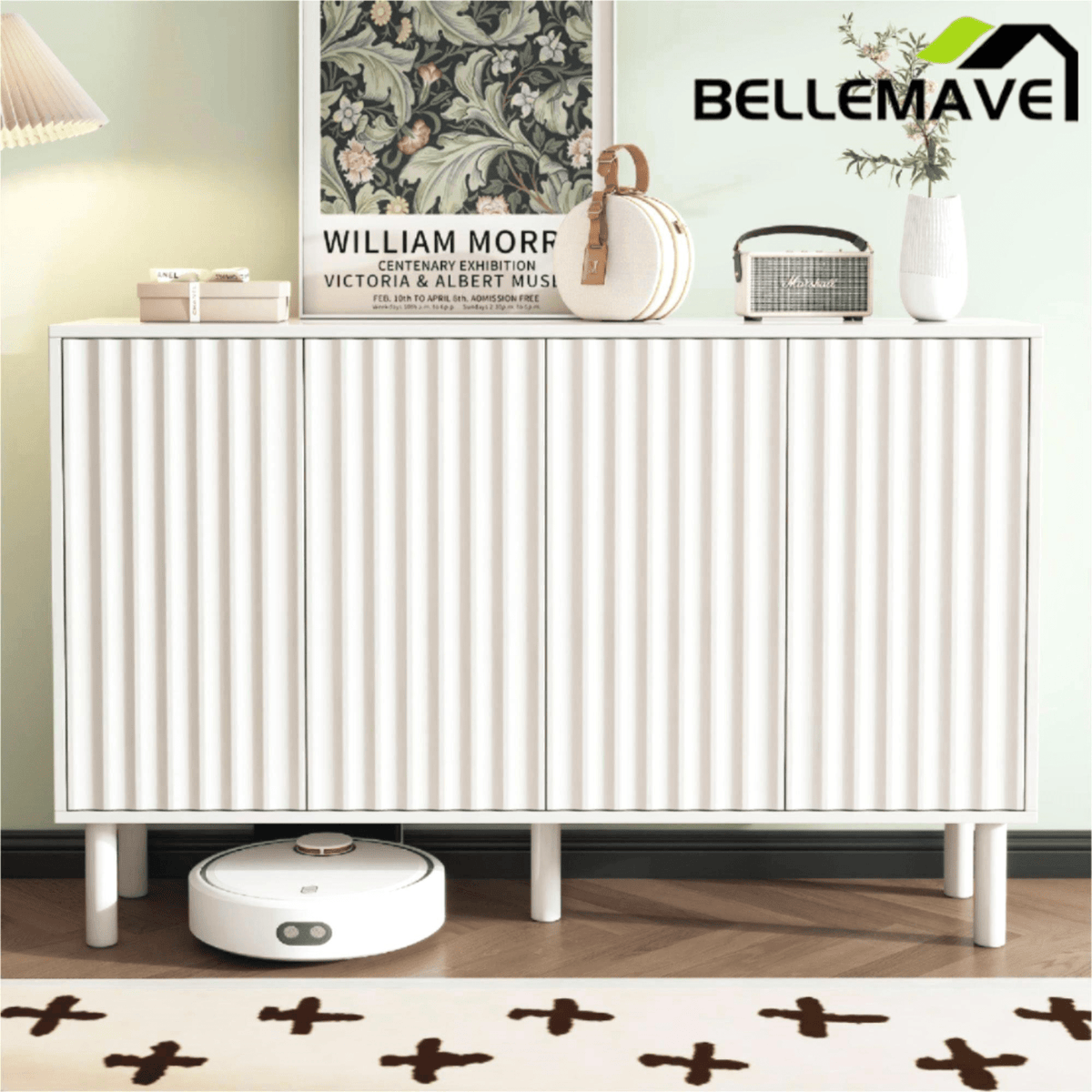 Bellemave® Cream Style Sideboard Buffet Cabinet with 5 Solid Wood Legs, 4 Door Storage Cabinet with Adjustable Shelves, Modern Shoe Cabinet for Entrance & Living Room - Bellemave