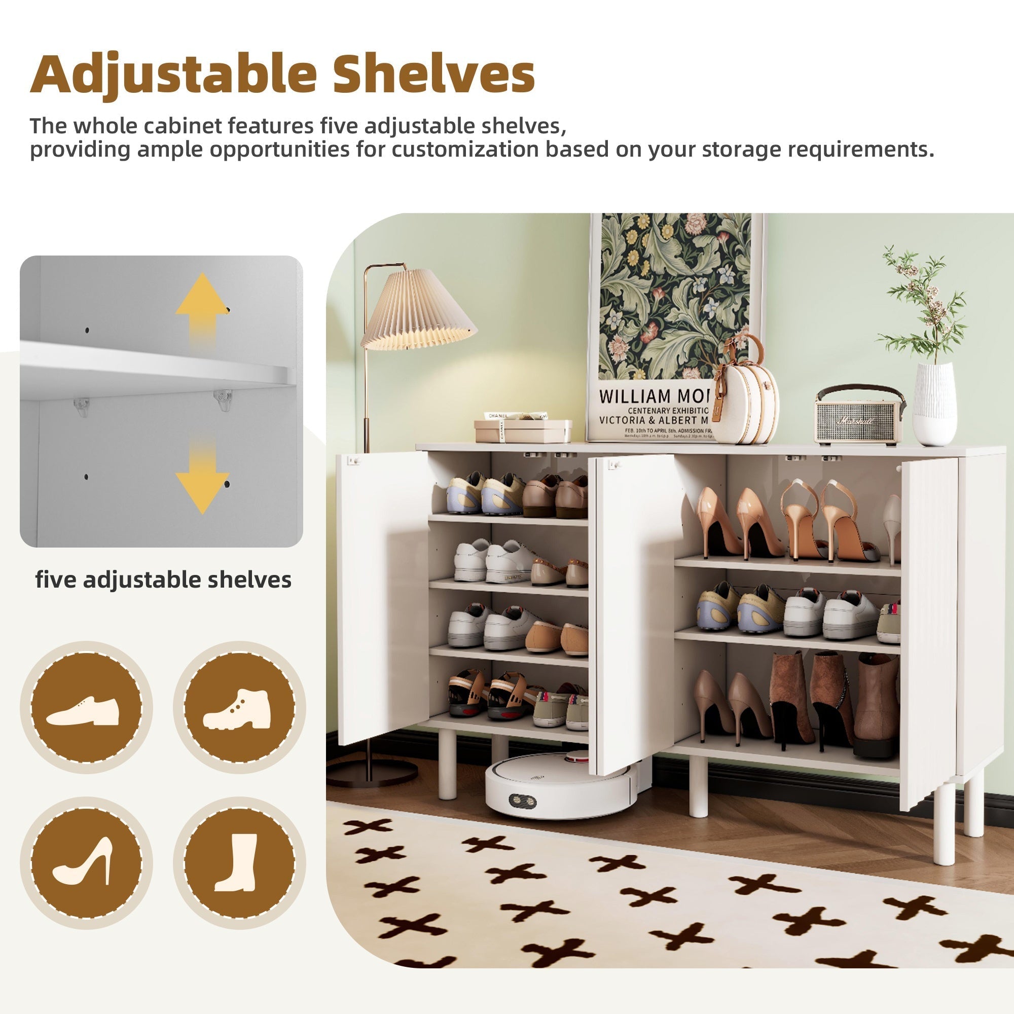Bellemave® Cream Style Sideboard Buffet Cabinet with 5 Solid Wood Legs, 4 Door Storage Cabinet with Adjustable Shelves, Modern Shoe Cabinet for Entrance & Living Room - Bellemave