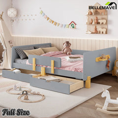 Bellemave® Cute Twin Size Kids Bed Frame with Storage Drawers and Hooks,Twin Size Bed Frame for Kids,Platform Bed with Guardrails for Girls Boys,Gray - Bellemave