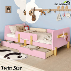 Bellemave® Cute Twin Size Kids Bed Frame with Storage Drawers and Hooks,Twin Size Bed Frame for Kids,Platform Bed with Guardrails for Girls Boys,Gray - Bellemave