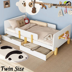 Bellemave® Cute Twin Size Kids Bed Frame with Storage Drawers and Hooks,Twin Size Bed Frame for Kids,Platform Bed with Guardrails for Girls Boys,Gray - Bellemave