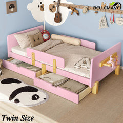 Bellemave® Cute Twin Size Kids Bed Frame with Storage Drawers and Hooks,Twin Size Bed Frame for Kids,Platform Bed with Guardrails for Girls Boys,Gray - Bellemave