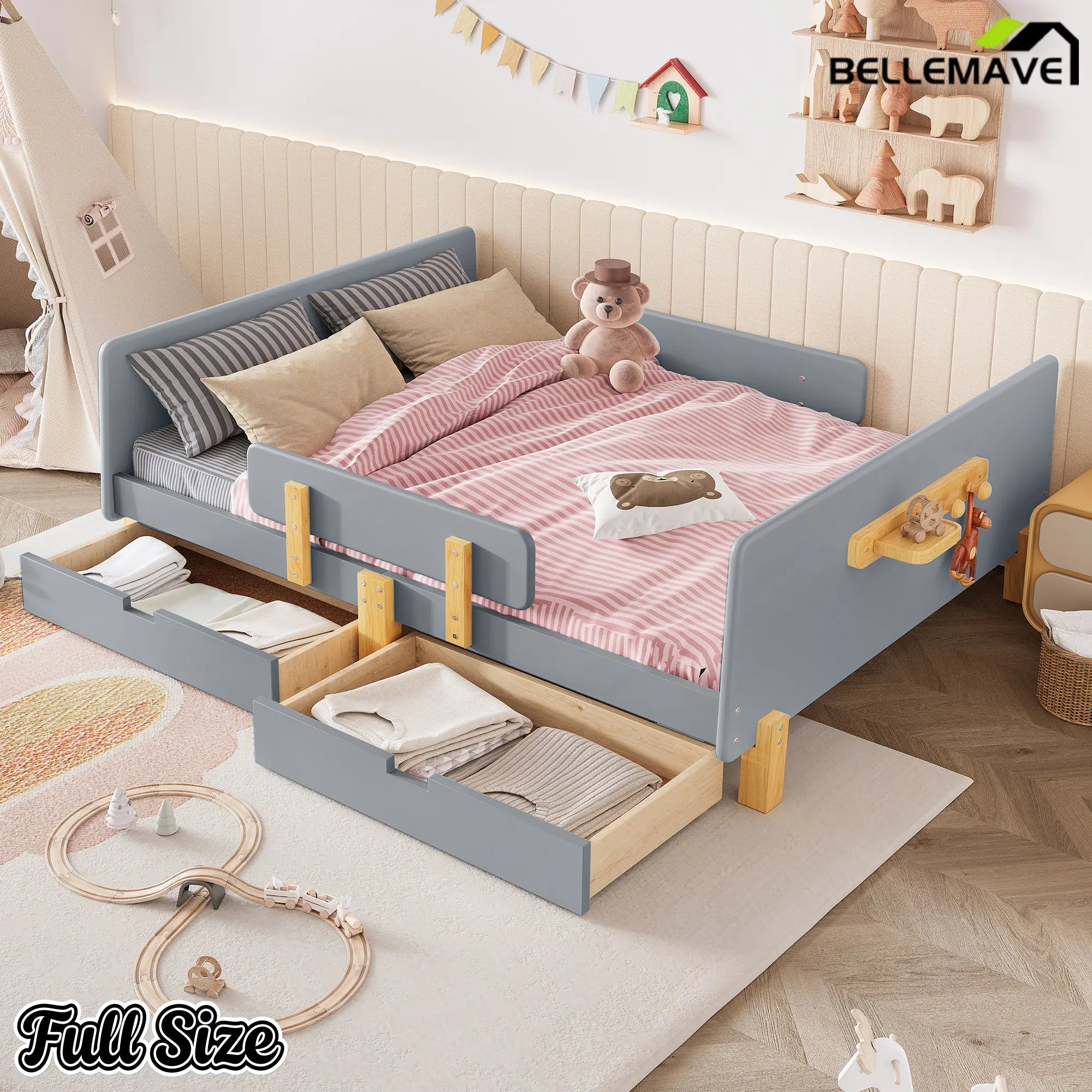 Bellemave® Cute Twin Size Kids Bed Frame with Storage Drawers and Hooks,Twin Size Bed Frame for Kids,Platform Bed with Guardrails for Girls Boys,Gray - Bellemave