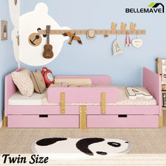 Bellemave® Cute Twin Size Kids Bed Frame with Storage Drawers and Hooks,Twin Size Bed Frame for Kids,Platform Bed with Guardrails for Girls Boys,Gray - Bellemave