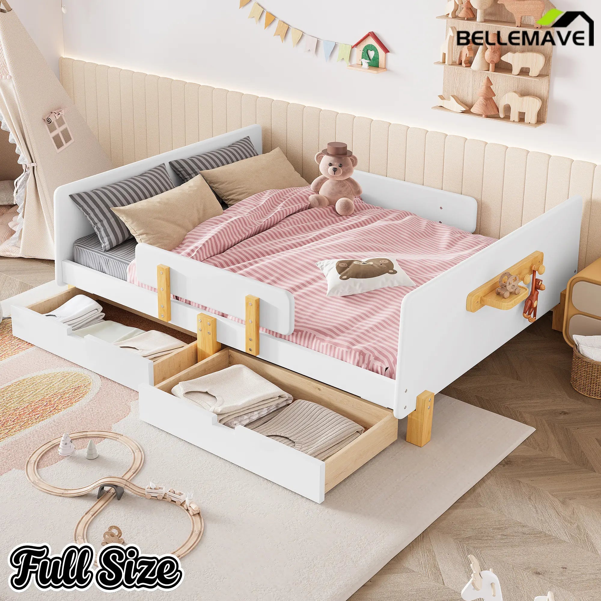 Bellemave® Cute Twin Size Kids Bed Frame with Storage Drawers and Hooks,Twin Size Bed Frame for Kids,Platform Bed with Guardrails for Girls Boys,Gray - Bellemave