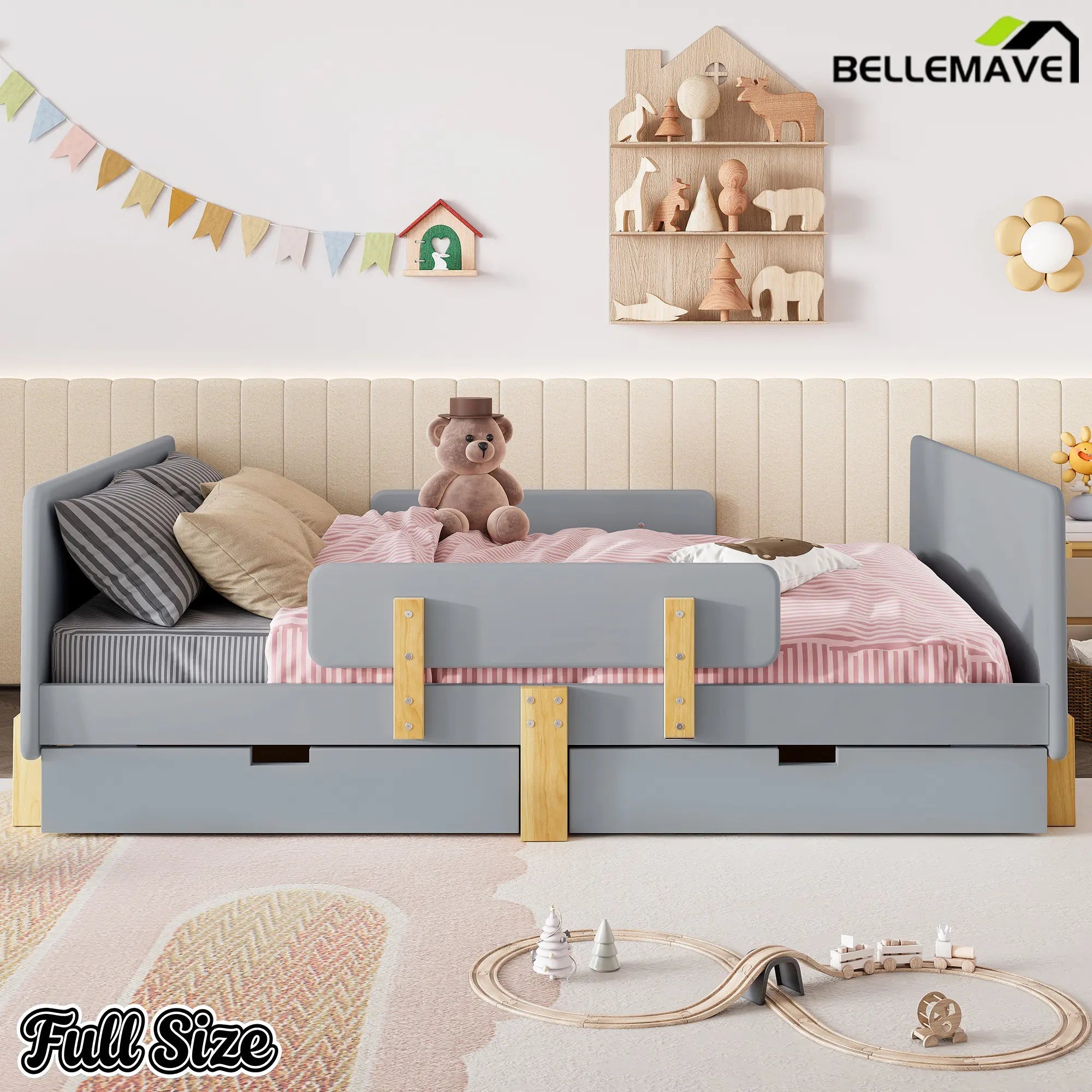Bellemave® Cute Twin Size Kids Bed Frame with Storage Drawers and Hooks,Twin Size Bed Frame for Kids,Platform Bed with Guardrails for Girls Boys,Gray - Bellemave