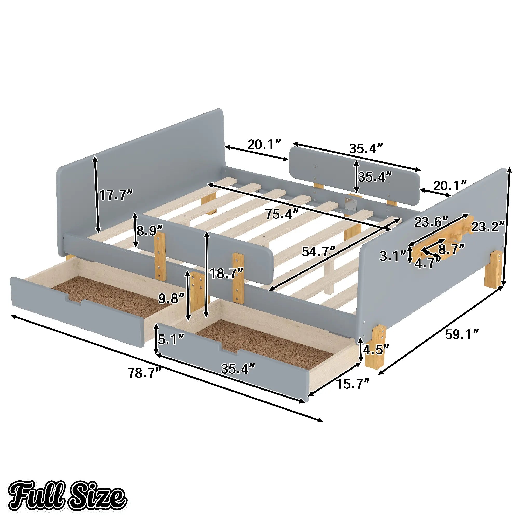 Bellemave® Cute Twin Size Kids Bed Frame with Storage Drawers and Hooks,Twin Size Bed Frame for Kids,Platform Bed with Guardrails for Girls Boys,Gray - Bellemave