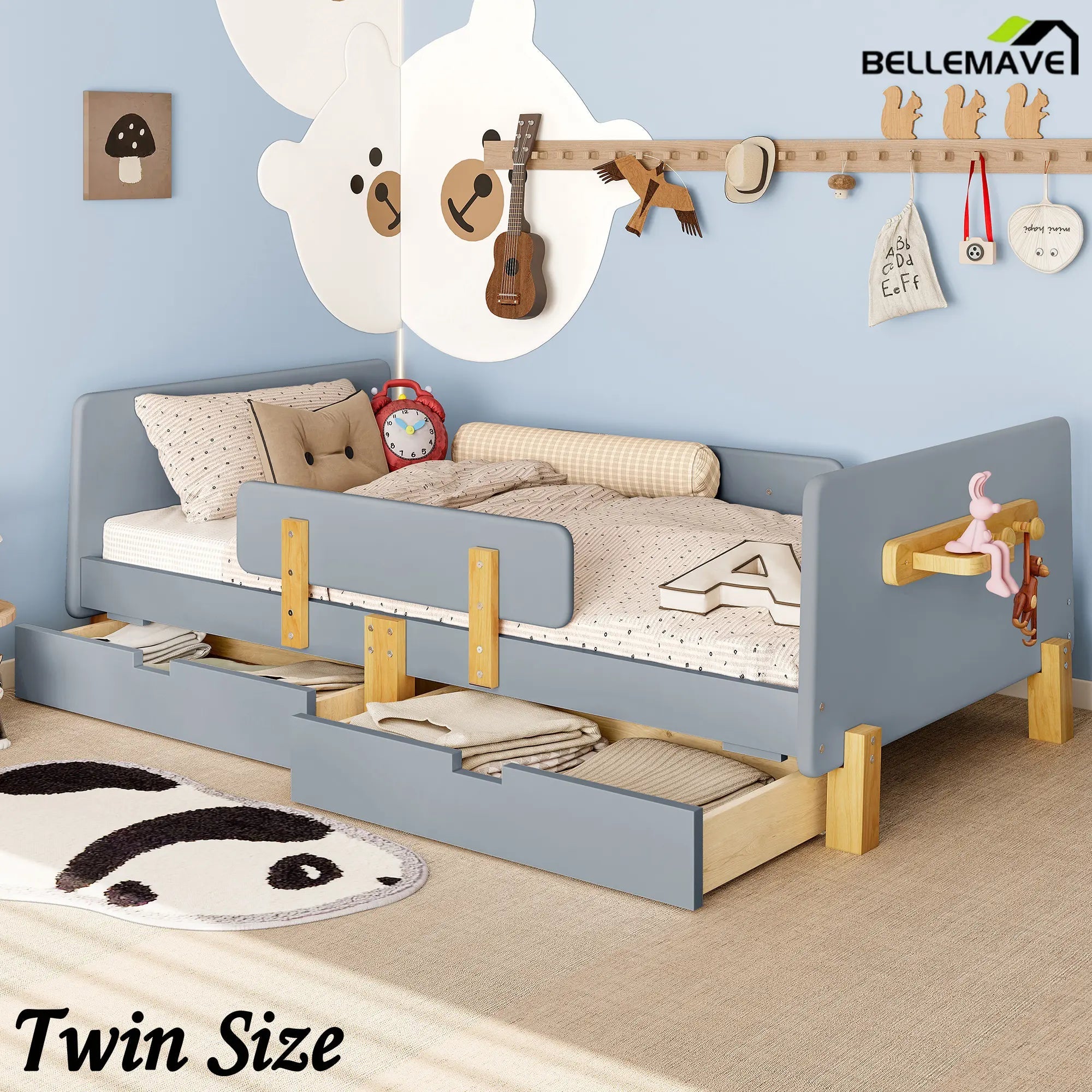 Bellemave® Cute Twin Size Kids Bed Frame with Storage Drawers and Hooks,Twin Size Bed Frame for Kids,Platform Bed with Guardrails for Girls Boys,Gray - Bellemave
