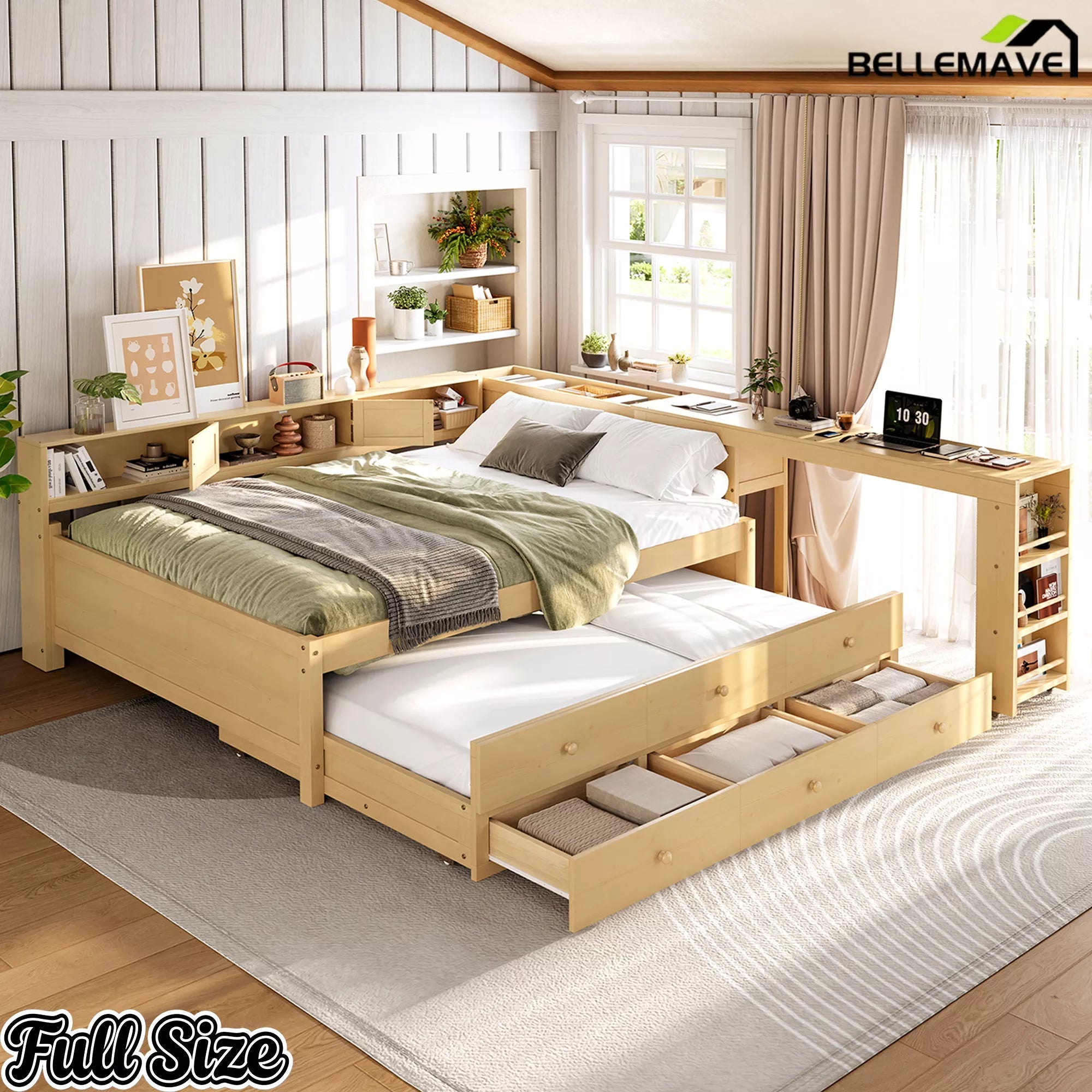 Bellemave® Daybed with Trundle, Storage Drawers, Desk & Side Shelves, Space-Saving Wood Daybed Frame - Bellemave