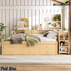 Bellemave® Daybed with Trundle, Storage Drawers, Desk & Side Shelves, Space-Saving Wood Daybed Frame - Bellemave