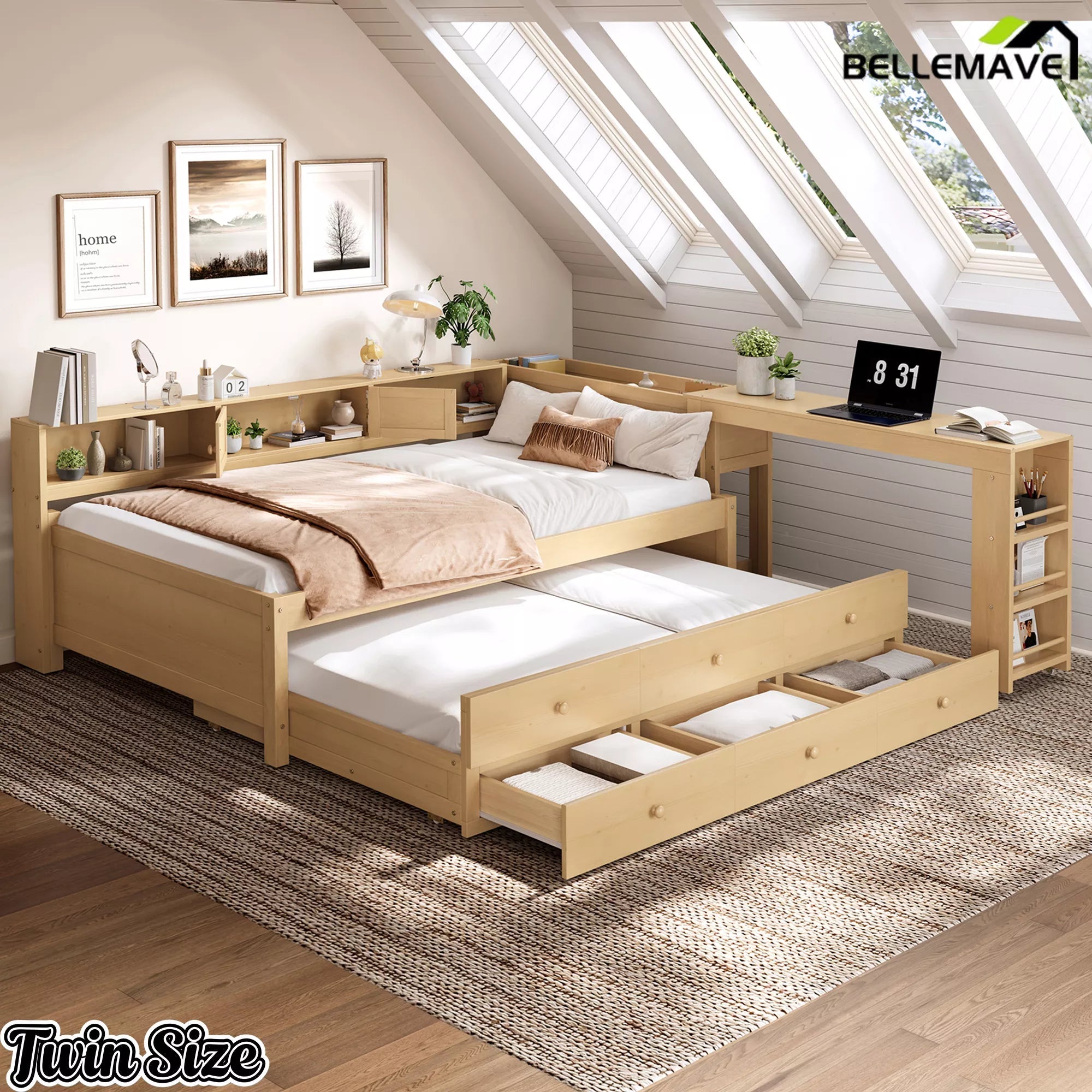 Bellemave® Daybed with Trundle, Storage Drawers, Desk & Side Shelves, Space-Saving Wood Daybed Frame - Bellemave