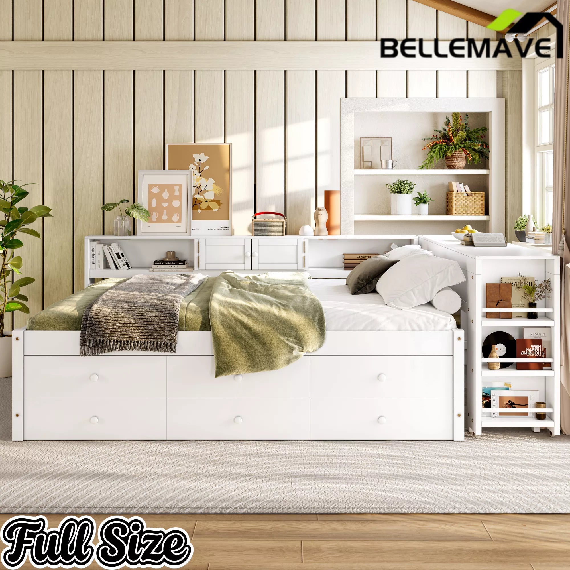 Bellemave® Daybed with Trundle, Storage Drawers, Desk & Side Shelves, Space-Saving Wood Daybed Frame - Bellemave