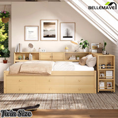 Bellemave® Daybed with Trundle, Storage Drawers, Desk & Side Shelves, Space-Saving Wood Daybed Frame - Bellemave
