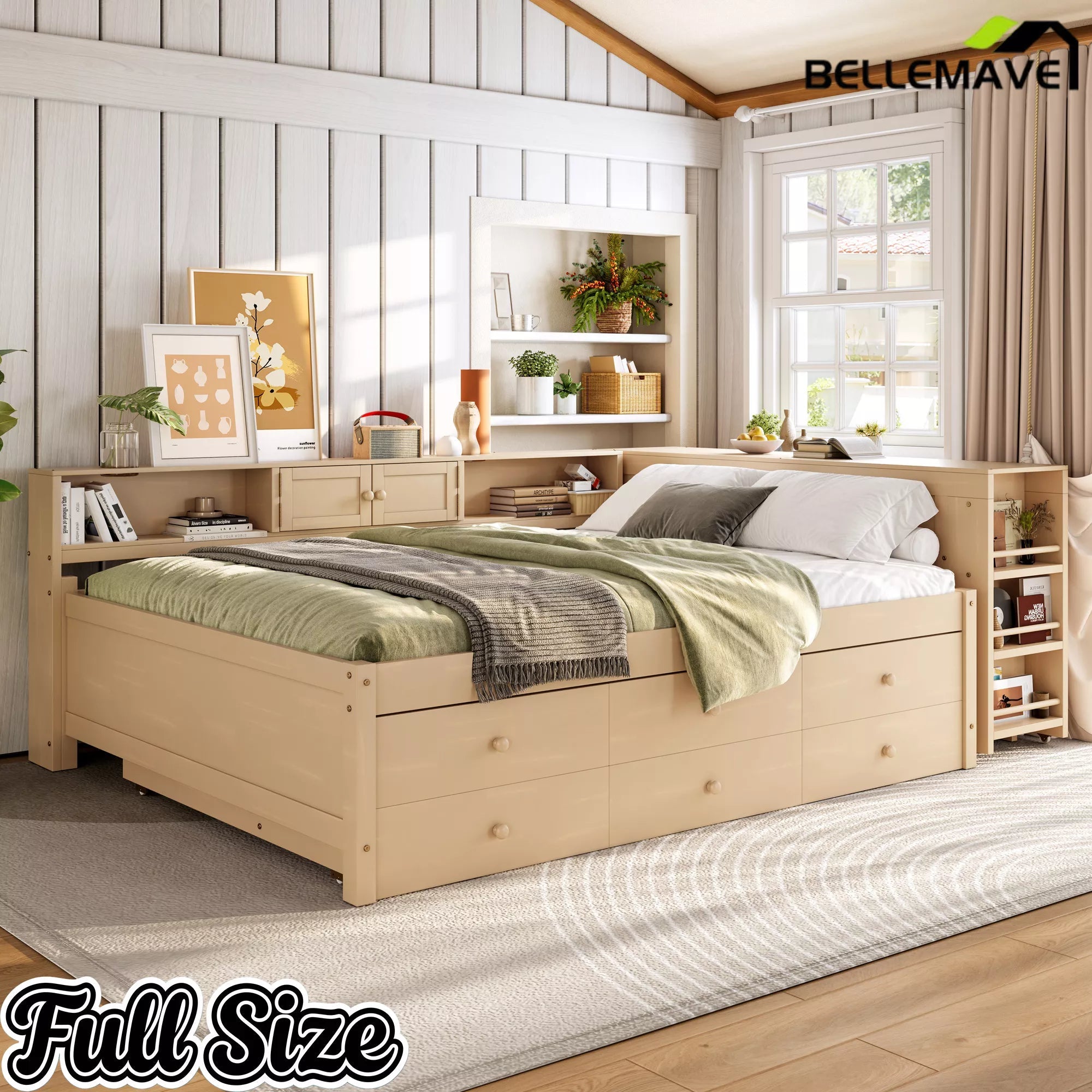 Bellemave® Daybed with Trundle, Storage Drawers, Desk & Side Shelves, Space-Saving Wood Daybed Frame - Bellemave