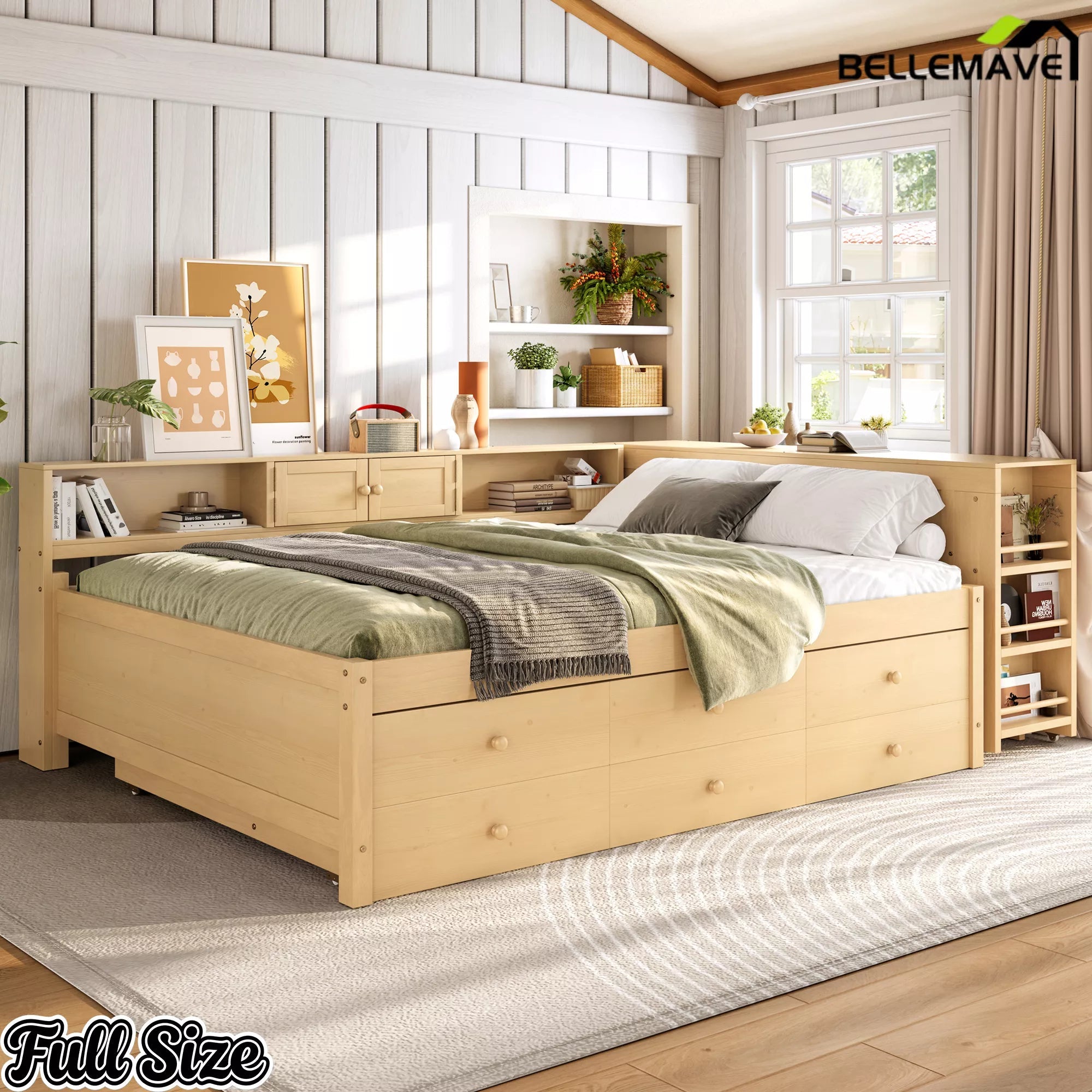 Bellemave® Daybed with Trundle, Storage Drawers, Desk & Side Shelves, Space-Saving Wood Daybed Frame - Bellemave