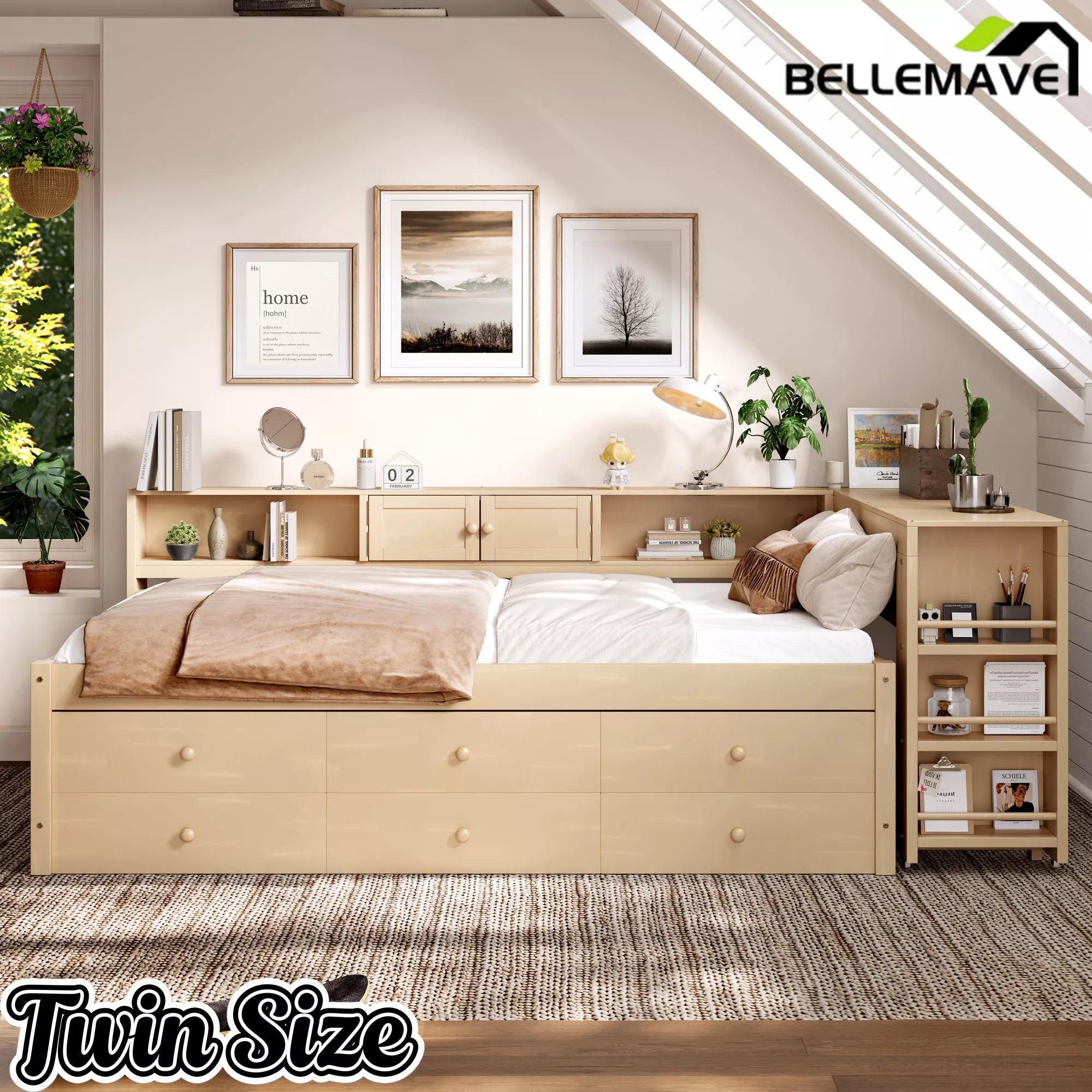 Bellemave® Daybed with Trundle, Storage Drawers, Desk & Side Shelves, Space-Saving Wood Daybed Frame - Bellemave