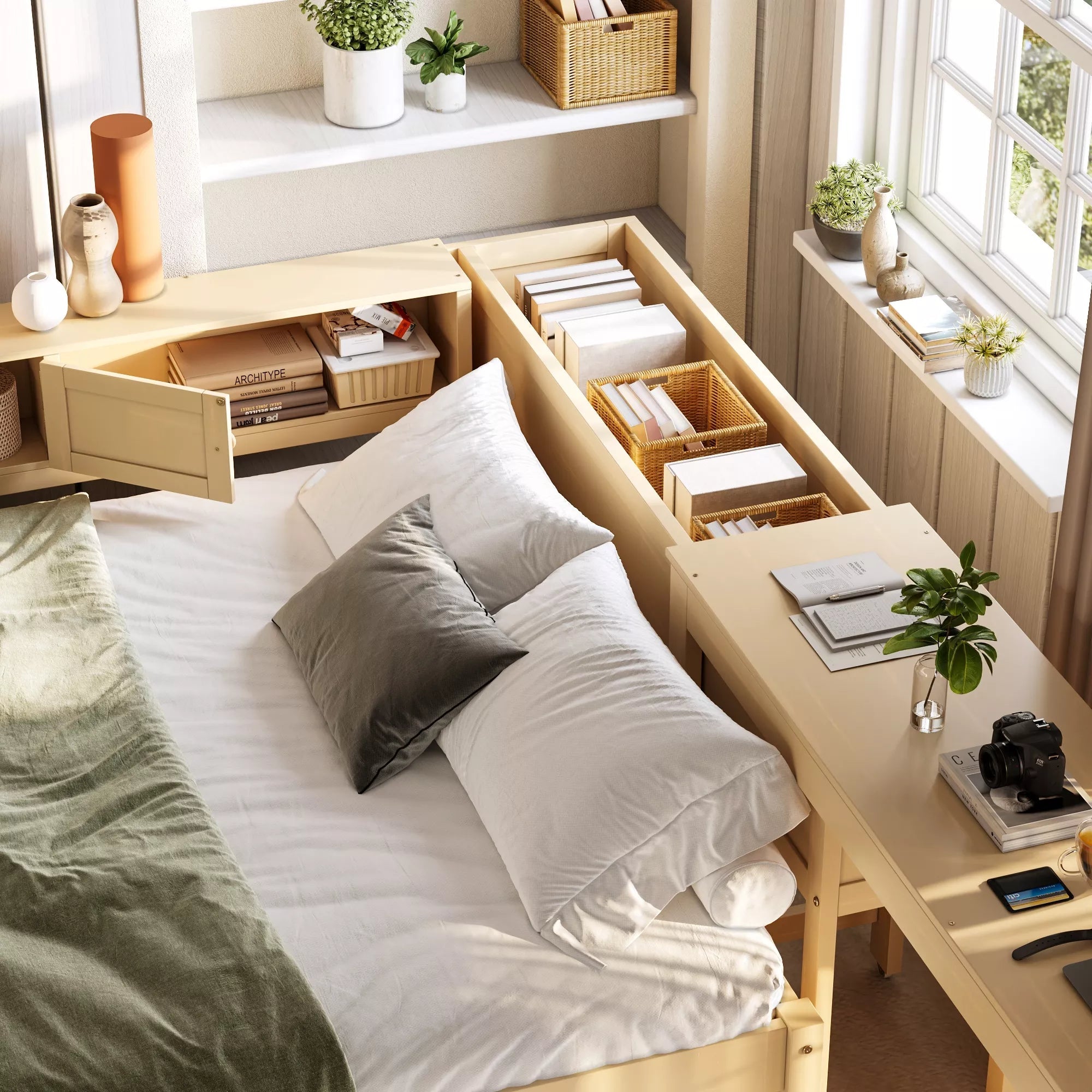Bellemave® Daybed with Trundle, Storage Drawers, Desk & Side Shelves, Space-Saving Wood Daybed Frame - Bellemave