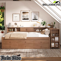 Bellemave® Daybed with Trundle, Storage Drawers, Desk & Side Shelves, Space-Saving Wood Daybed Frame - Bellemave