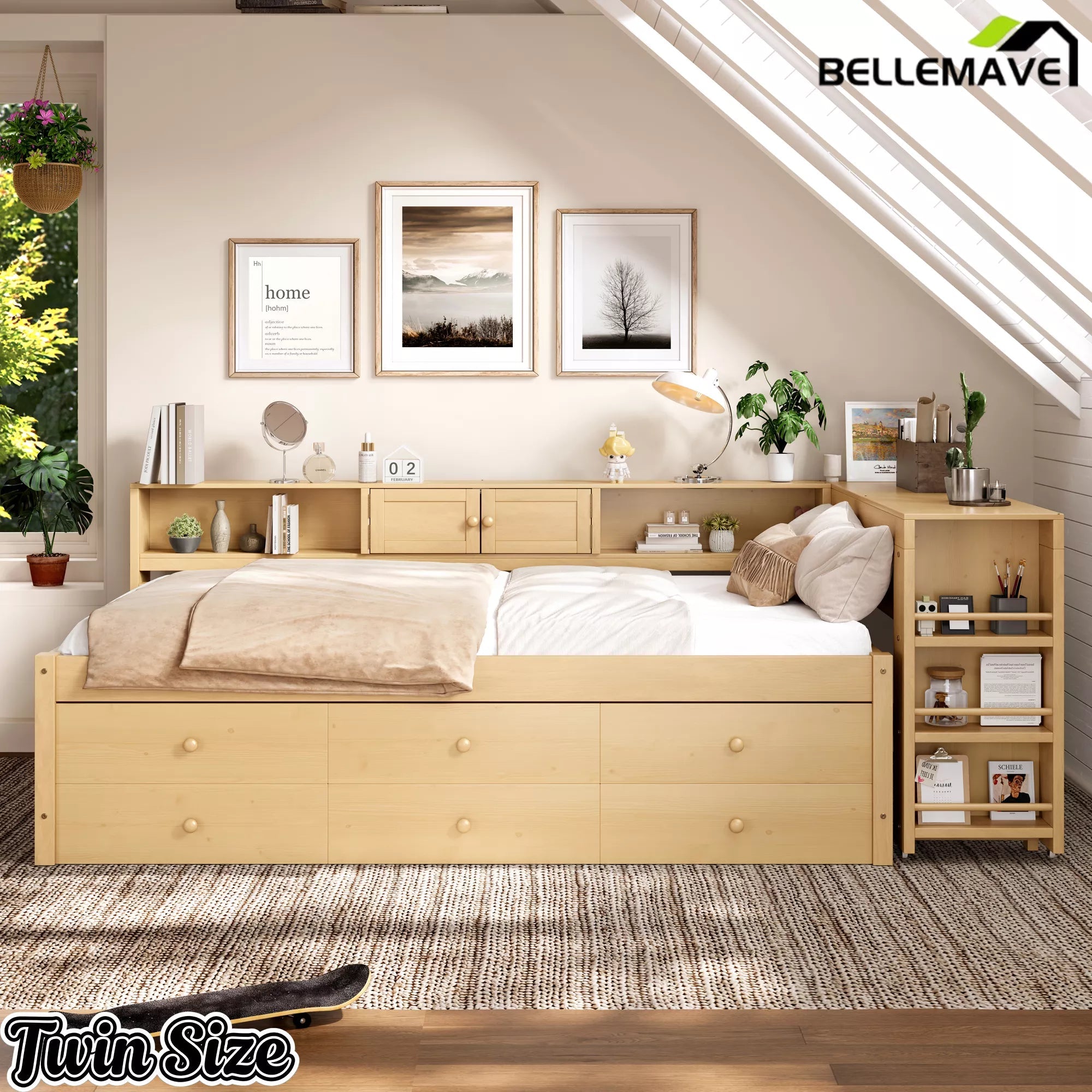 Bellemave® Daybed with Trundle, Storage Drawers, Desk & Side Shelves, Space-Saving Wood Daybed Frame - Bellemave