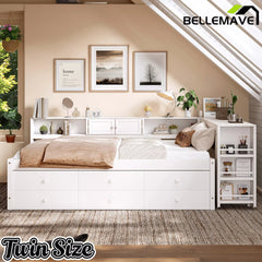 Bellemave® Daybed with Trundle, Storage Drawers, Desk & Side Shelves, Space-Saving Wood Daybed Frame - Bellemave