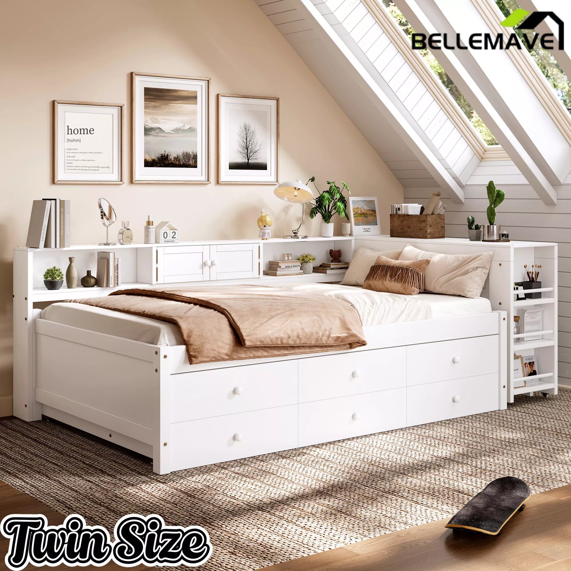 Bellemave® Daybed with Trundle, Storage Drawers, Desk & Side Shelves, Space-Saving Wood Daybed Frame - Bellemave