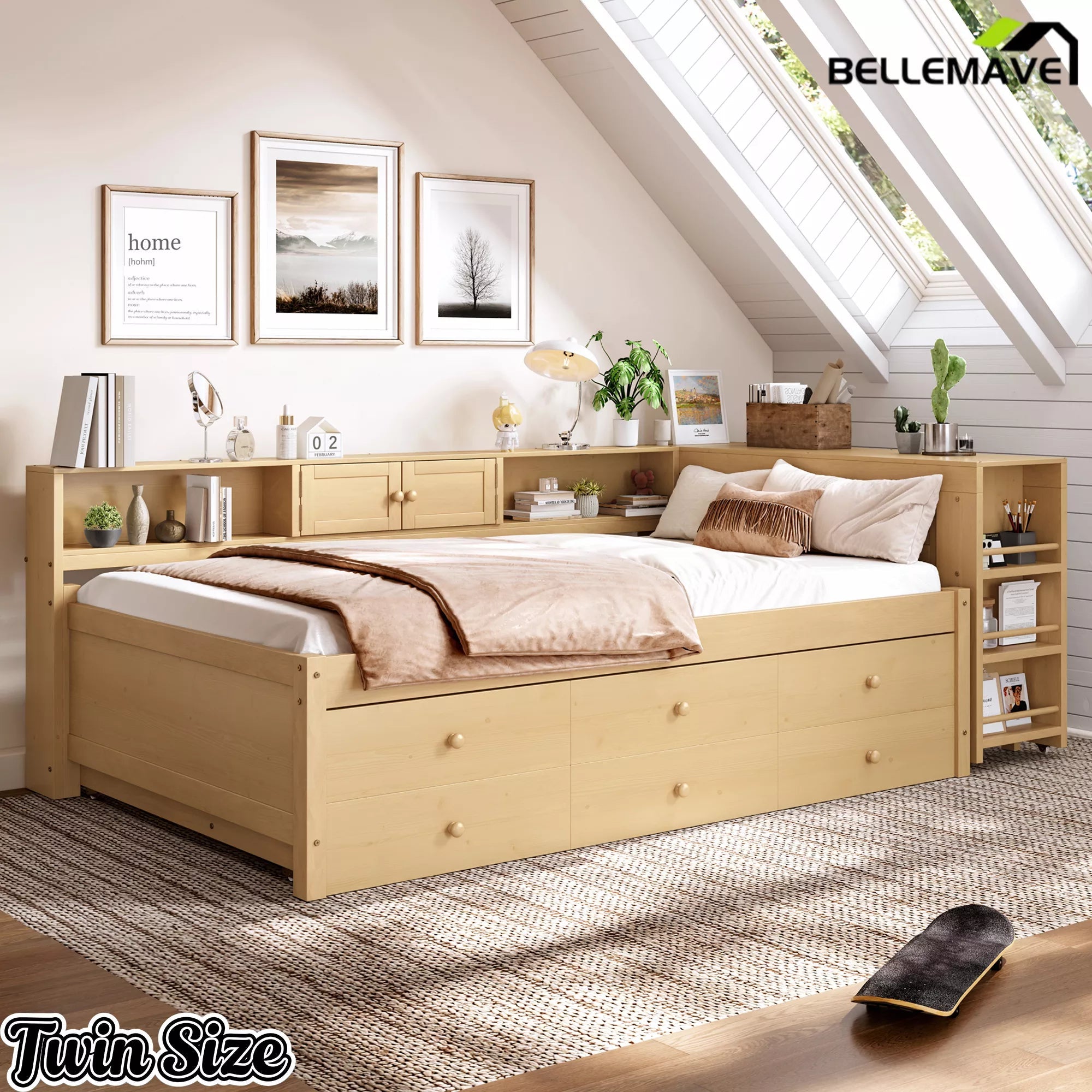 Bellemave® Daybed with Trundle, Storage Drawers, Desk & Side Shelves, Space-Saving Wood Daybed Frame - Bellemave