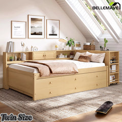 Bellemave® Daybed with Trundle, Storage Drawers, Desk & Side Shelves, Space-Saving Wood Daybed Frame - Bellemave