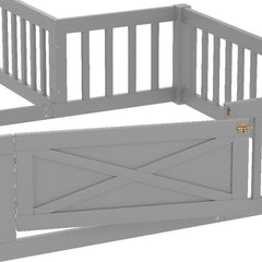 Bellemave® Double Floor Bed for Twins,Two Shared Beds,House Frame Twin Size Floor Bed with Guardrails and Door for 2 Kids,Girls,Boys,Grey - Bellemave