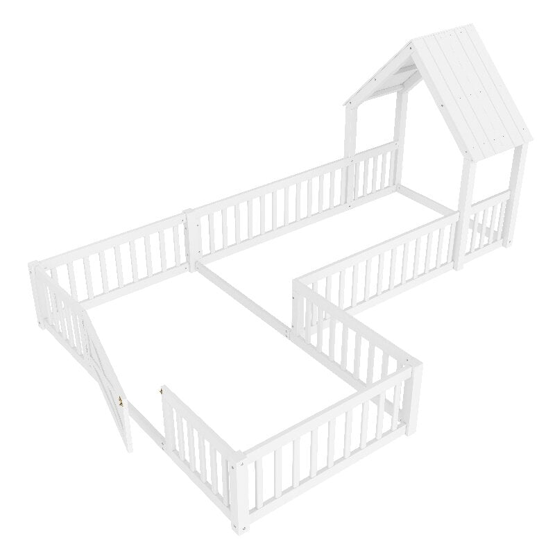 Bellemave® Double Floor Bed for Twins,Two Shared Beds,House Frame Twin Size Floor Bed with Guardrails and Door for 2 Kids,Girls,Boys,Grey - Bellemave