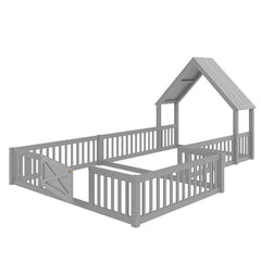 Bellemave® Double Floor Bed for Twins,Two Shared Beds,House Frame Twin Size Floor Bed with Guardrails and Door for 2 Kids,Girls,Boys,Grey - Bellemave