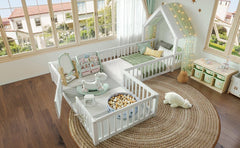 Bellemave® Double Floor Bed for Twins,Two Shared Beds,House Frame Twin Size Floor Bed with Guardrails and Door for 2 Kids,Girls,Boys,Grey - Bellemave