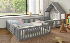 Bellemave® Double Floor Bed for Twins,Two Shared Beds,House Frame Twin Size Floor Bed with Guardrails and Door for 2 Kids,Girls,Boys,Grey - Bellemave
