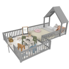 Bellemave® Double Floor Bed for Twins,Two Shared Beds,House Frame Twin Size Floor Bed with Guardrails and Door for 2 Kids,Girls,Boys,Grey - Bellemave