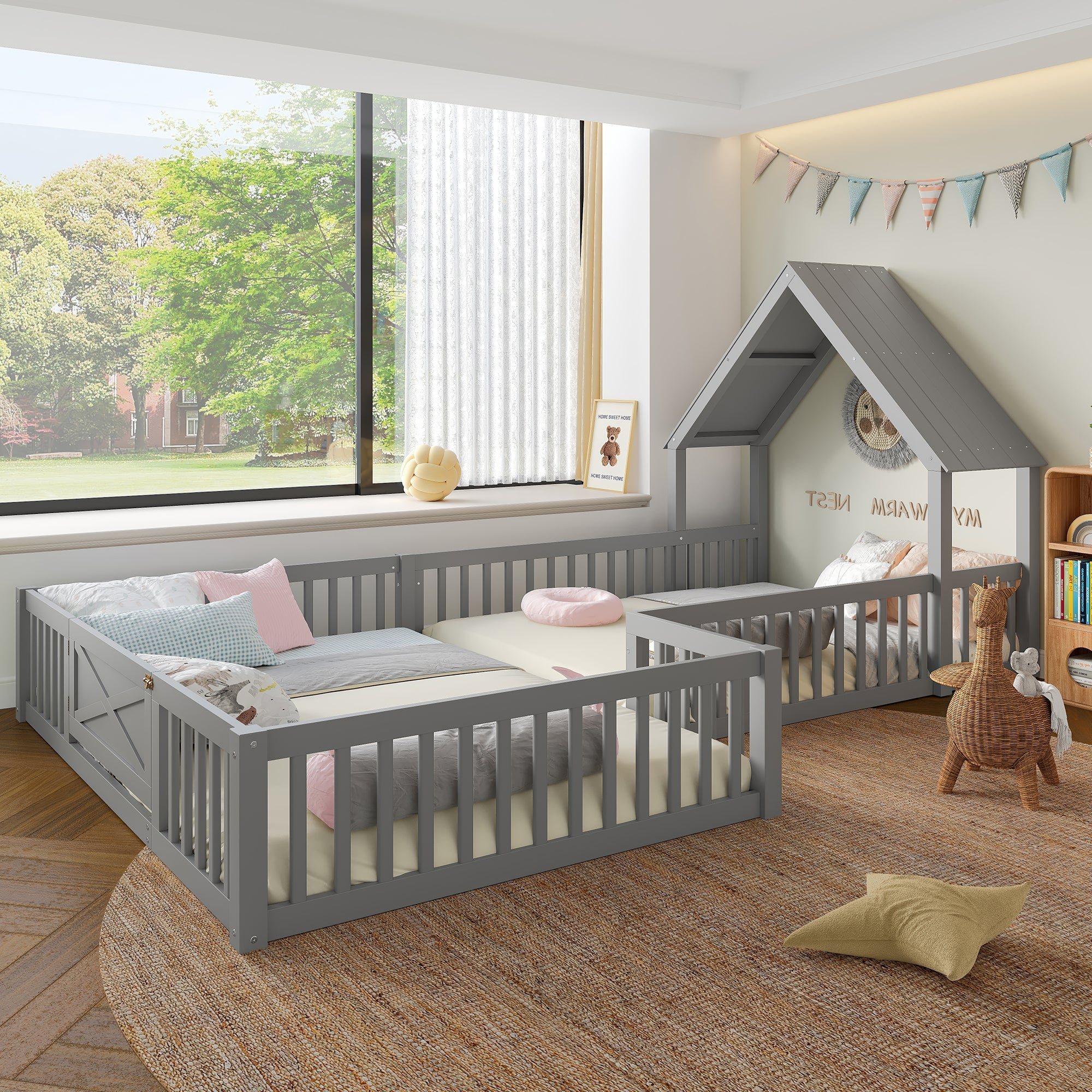 Bellemave® Double Floor Bed for Twins,Two Shared Beds,House Frame Twin Size Floor Bed with Guardrails and Door for 2 Kids,Girls,Boys,Grey - Bellemave