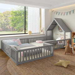 Bellemave® Double Floor Bed for Twins,Two Shared Beds,House Frame Twin Size Floor Bed with Guardrails and Door for 2 Kids,Girls,Boys,Grey - Bellemave