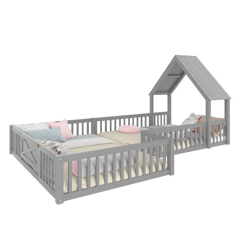 Bellemave® Double Floor Bed for Twins,Two Shared Beds,House Frame Twin Size Floor Bed with Guardrails and Door for 2 Kids,Girls,Boys,Grey - Bellemave
