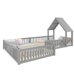 Bellemave® Double Floor Bed for Twins,Two Shared Beds,House Frame Twin Size Floor Bed with Guardrails and Door for 2 Kids,Girls,Boys,Grey - Bellemave