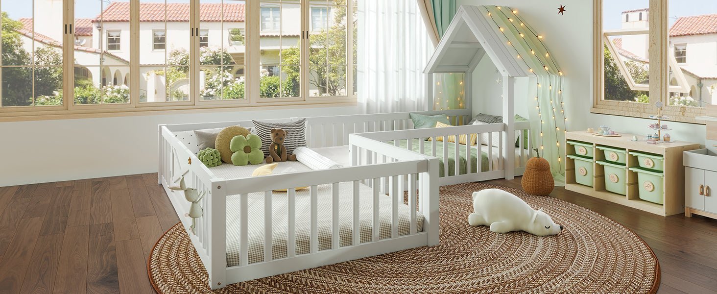 Bellemave® Double Floor Bed for Twins,Two Shared Beds,House Frame Twin Size Floor Bed with Guardrails and Door for 2 Kids,Girls,Boys,Grey - Bellemave