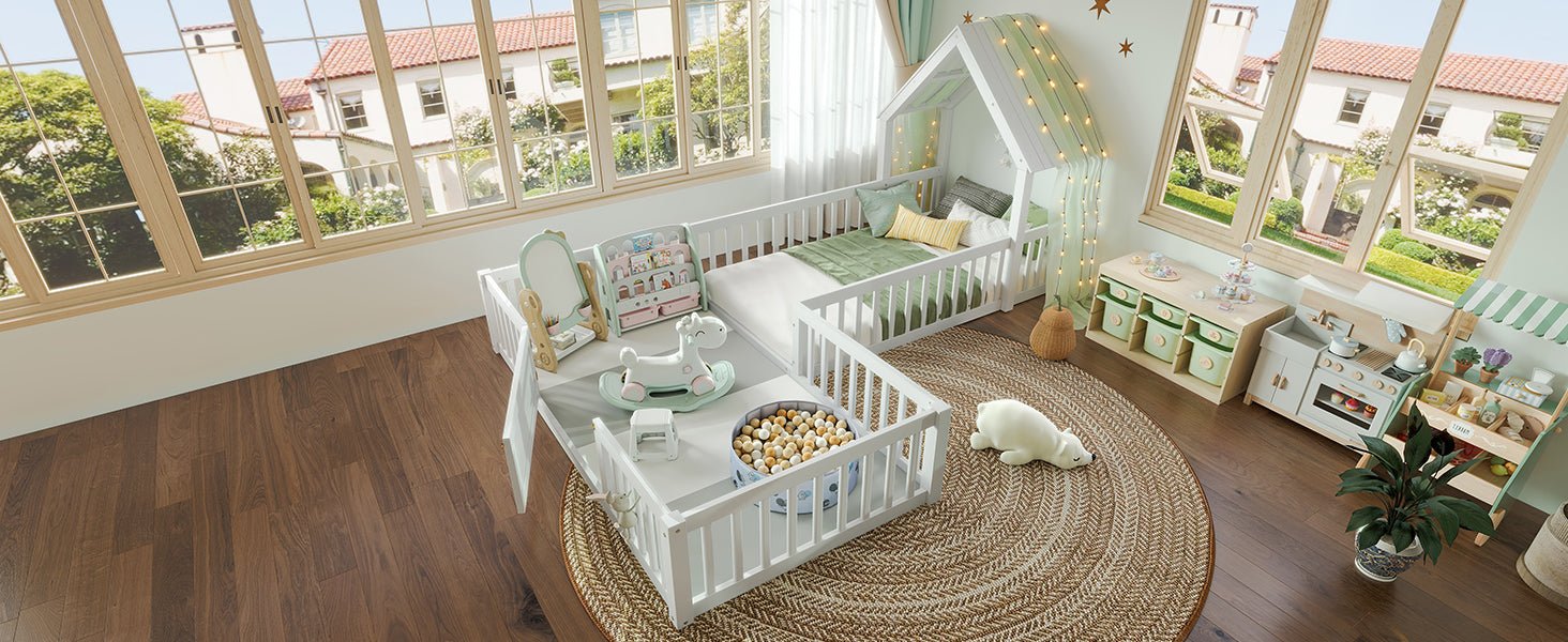 Bellemave® Double Floor Bed for Twins,Two Shared Beds,House Frame Twin Size Floor Bed with Guardrails and Door for 2 Kids,Girls,Boys,Grey - Bellemave