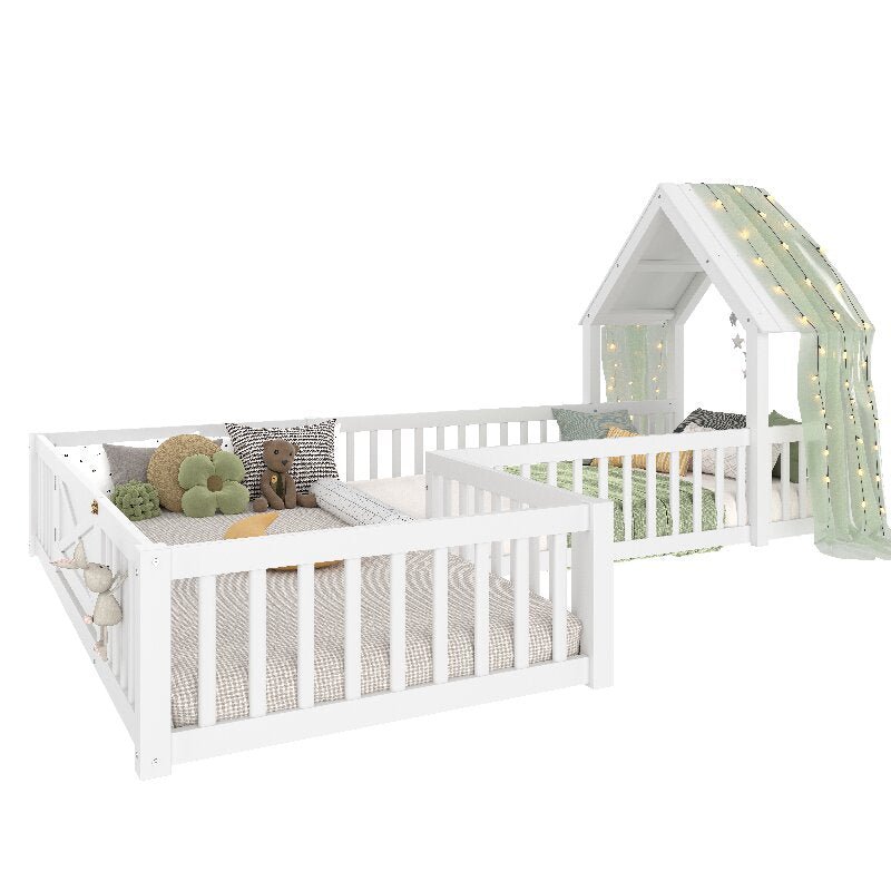 Bellemave® Double Floor Bed for Twins,Two Shared Beds,House Frame Twin Size Floor Bed with Guardrails and Door for 2 Kids,Girls,Boys,Grey - Bellemave