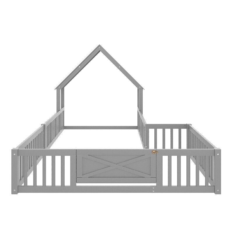 Bellemave® Double Floor Bed for Twins,Two Shared Beds,House Frame Twin Size Floor Bed with Guardrails and Door for 2 Kids,Girls,Boys,Grey - Bellemave