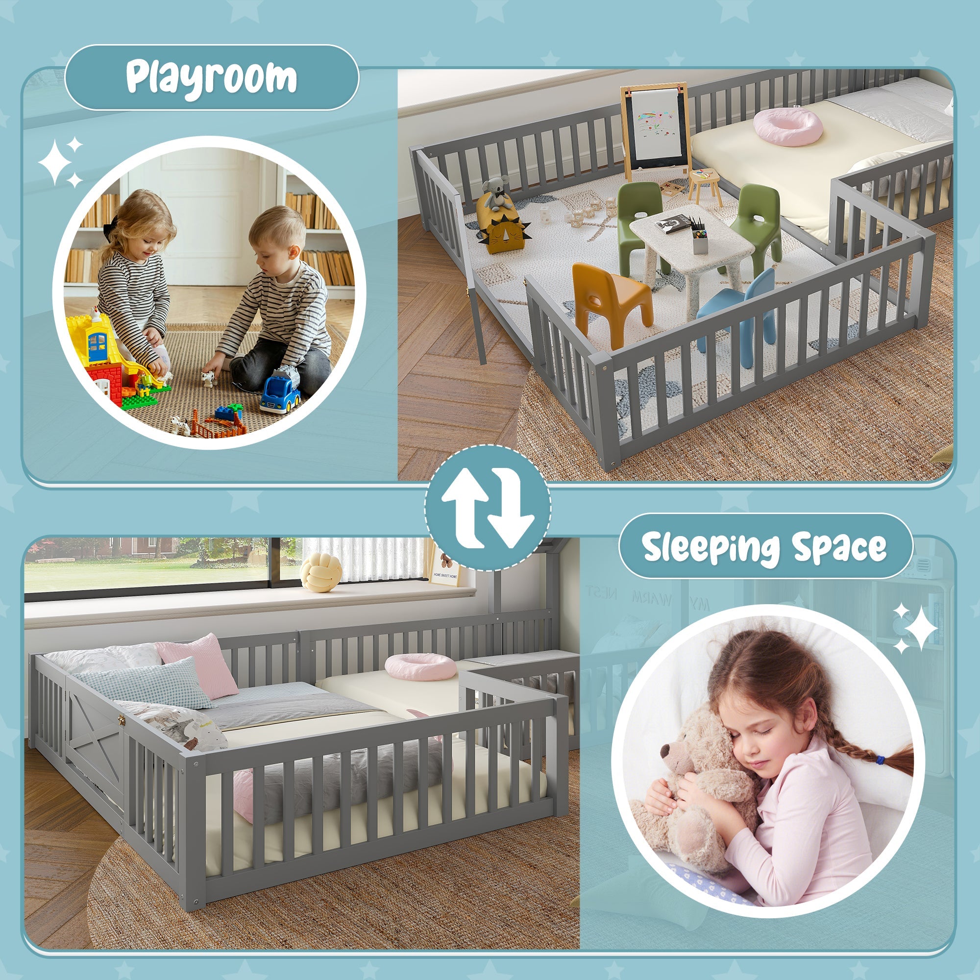 Bellemave® Double Floor Bed for Twins,Two Shared Beds,House Frame Twin Size Floor Bed with Guardrails and Door for 2 Kids,Girls,Boys,Grey - Bellemave