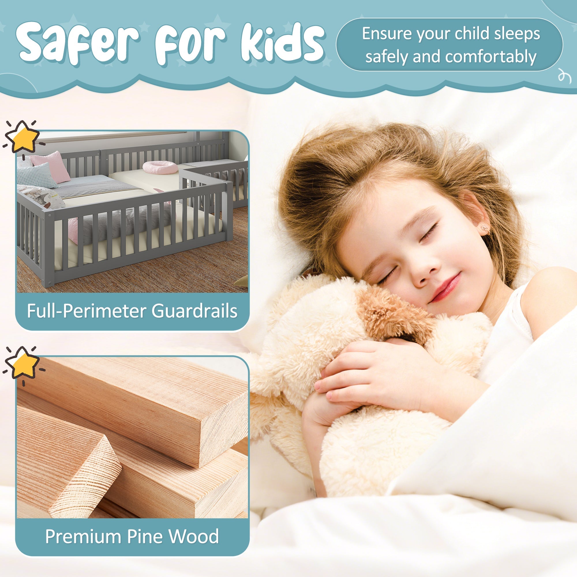 Bellemave® Double Floor Bed for Twins,Two Shared Beds,House Frame Twin Size Floor Bed with Guardrails and Door for 2 Kids,Girls,Boys,Grey - Bellemave