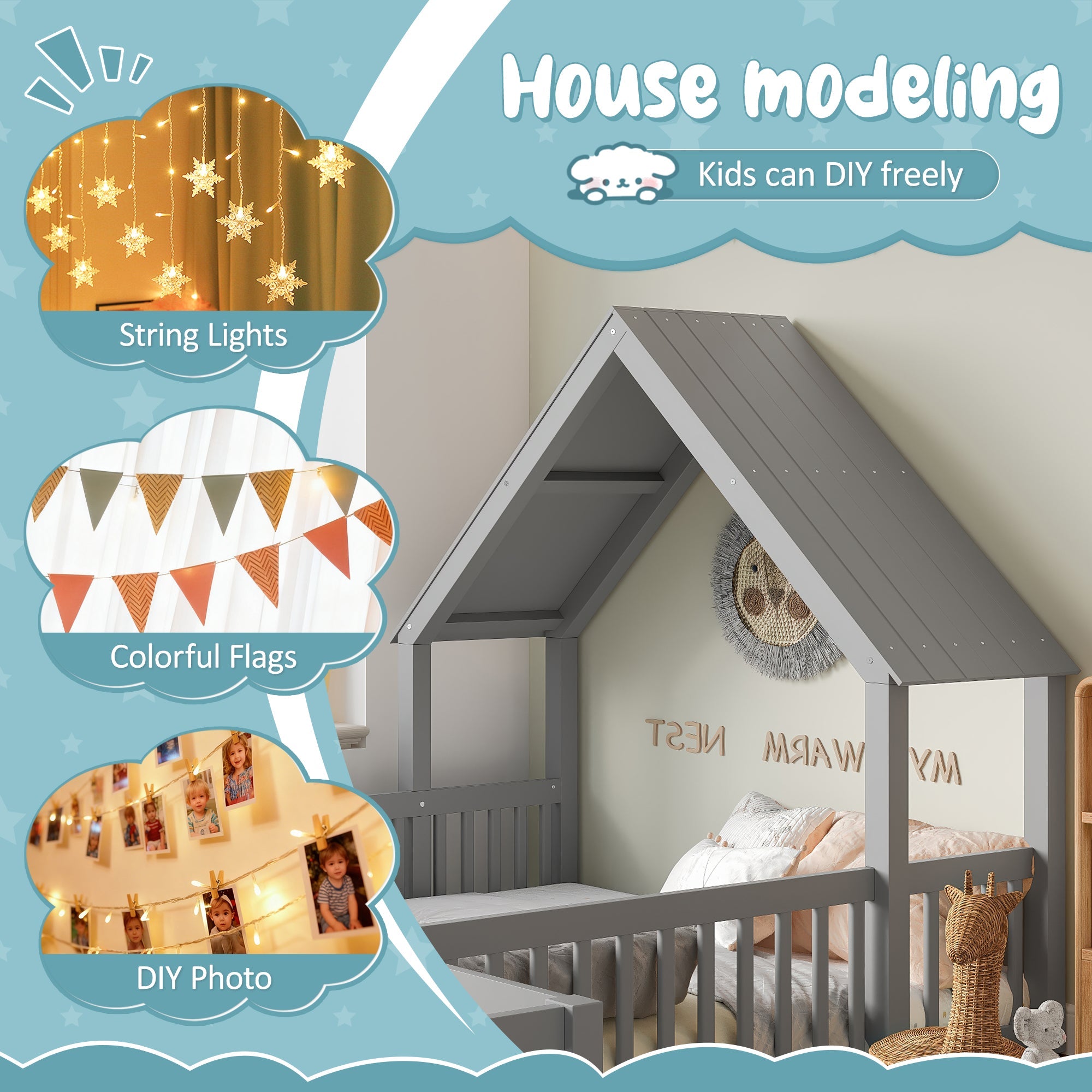 Bellemave® Double Floor Bed for Twins,Two Shared Beds,House Frame Twin Size Floor Bed with Guardrails and Door for 2 Kids,Girls,Boys,Grey - Bellemave