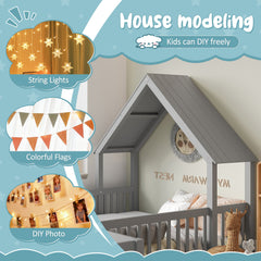 Bellemave® Double Floor Bed for Twins,Two Shared Beds,House Frame Twin Size Floor Bed with Guardrails and Door for 2 Kids,Girls,Boys,Grey - Bellemave